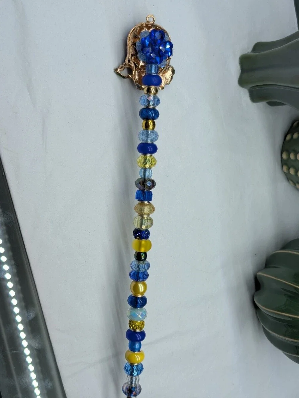 Hand Made Beaded Fairy Wand/Plant/Garden Stake W/Skull Topper in Blue and Gold